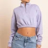 Women Daisy Street Hoodies & Sweatshirts-1/4 Zip Elastic Waist Crop Sweater in Misty
