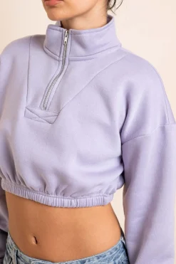 Women Daisy Street Hoodies & Sweatshirts-1/4 Zip Elastic Waist Crop Sweater in Misty