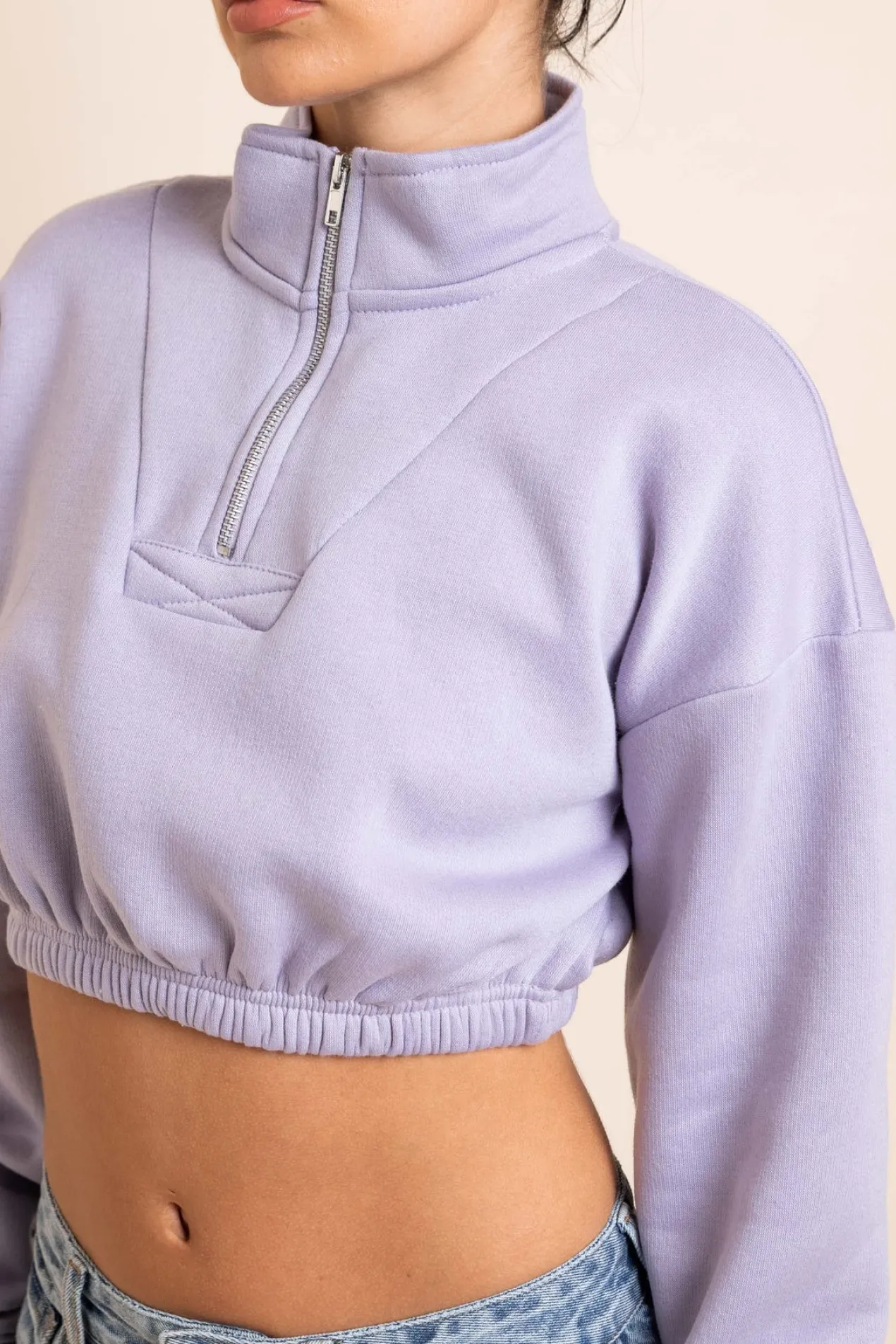 Women Daisy Street Hoodies & Sweatshirts-1/4 Zip Elastic Waist Crop Sweater in Misty