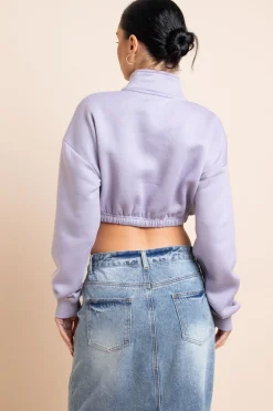Women Daisy Street Hoodies & Sweatshirts-1/4 Zip Elastic Waist Crop Sweater in Misty