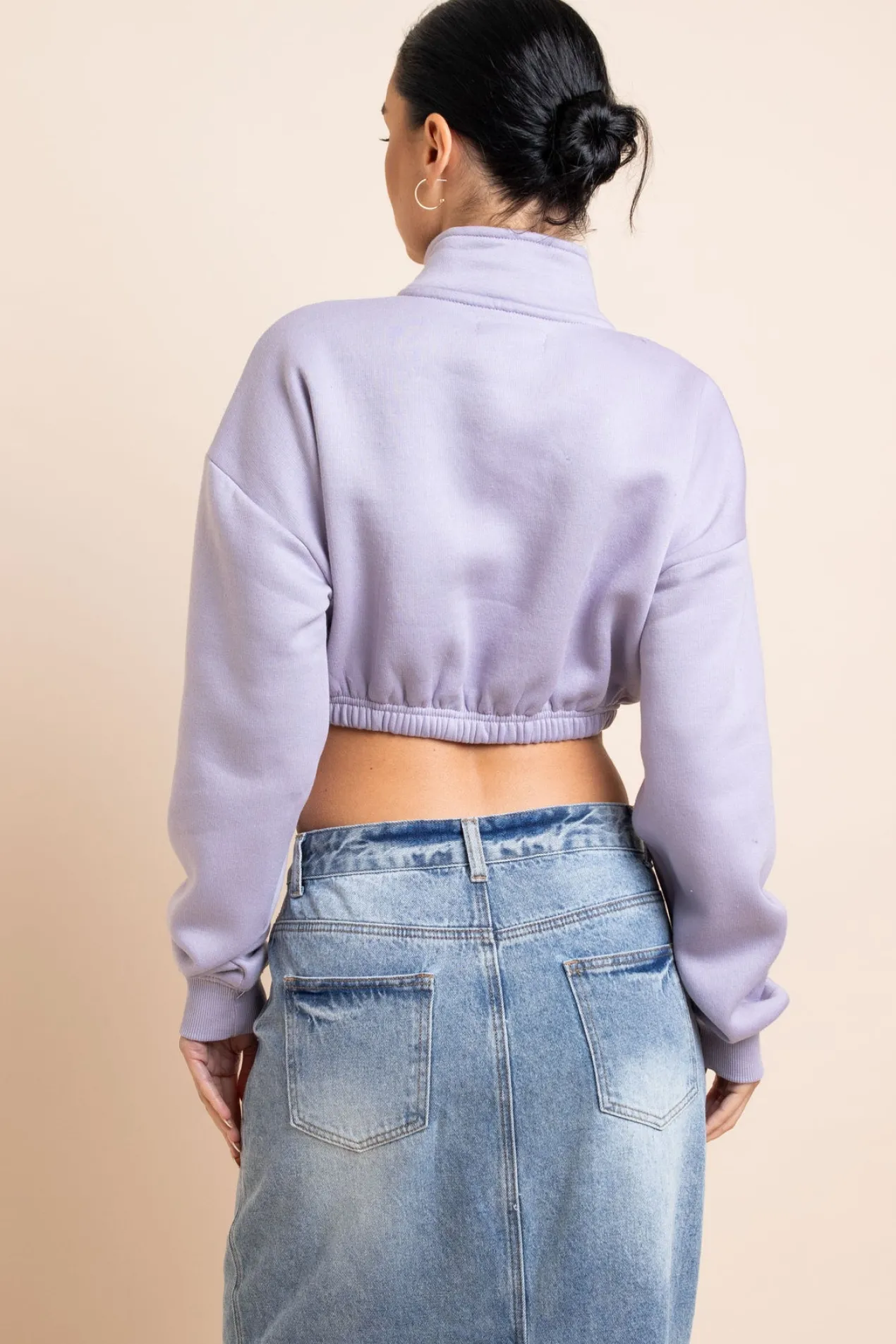 Women Daisy Street Hoodies & Sweatshirts-1/4 Zip Elastic Waist Crop Sweater in Misty