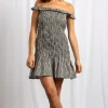 Women Daisy Street Dresses-Bardot Shirred Mini Dress With Frill