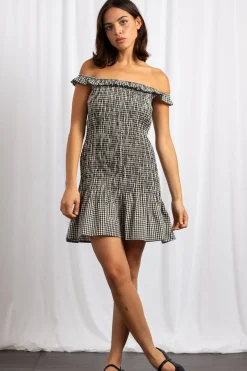 Women Daisy Street Dresses-Bardot Shirred Mini Dress With Frill