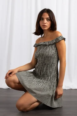 Women Daisy Street Dresses-Bardot Shirred Mini Dress With Frill