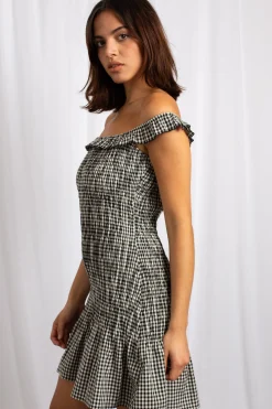 Women Daisy Street Dresses-Bardot Shirred Mini Dress With Frill