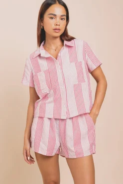 Women Daisy Street Tops-Boxy Shirt In Seersucker Stripe Co-ord