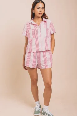 Women Daisy Street Tops-Boxy Shirt In Seersucker Stripe Co-ord