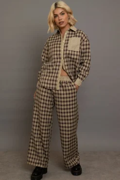Women Daisy Street Trousers-Check Wide Leg Trousers With Contrast Stripe Pockets