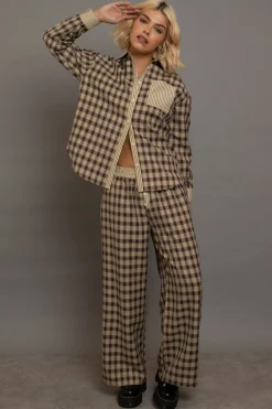 Women Daisy Street Trousers-Check Wide Leg Trousers With Contrast Stripe Pockets