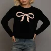 Women Daisy Street Tops-Chenille Bow Motif Sweater