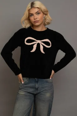 Women Daisy Street Tops-Chenille Bow Motif Sweater
