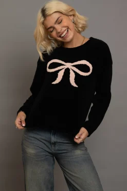Women Daisy Street Tops-Chenille Bow Motif Sweater