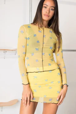 Women Daisy Street Tops-Contrast Seam Mesh Top Print