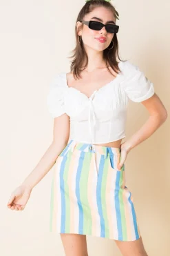 Women Daisy Street Skirts-Denim Mini Skirt in Pastel Rainbow Stripe