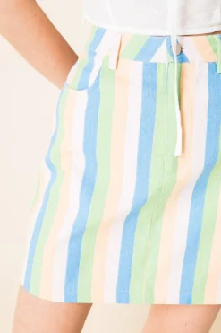 Women Daisy Street Skirts-Denim Mini Skirt in Pastel Rainbow Stripe