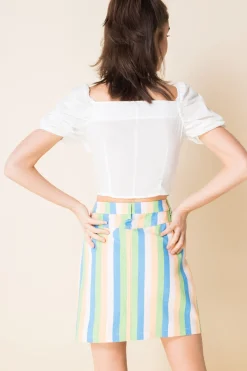 Women Daisy Street Skirts-Denim Mini Skirt in Pastel Rainbow Stripe
