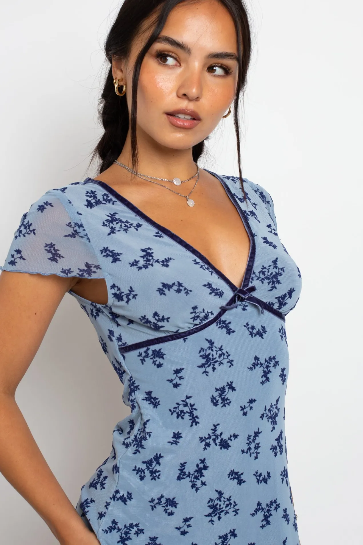 Women Daisy Street Dresses-Devore Mesh Mini Dress With Velvet Ribbon Trim