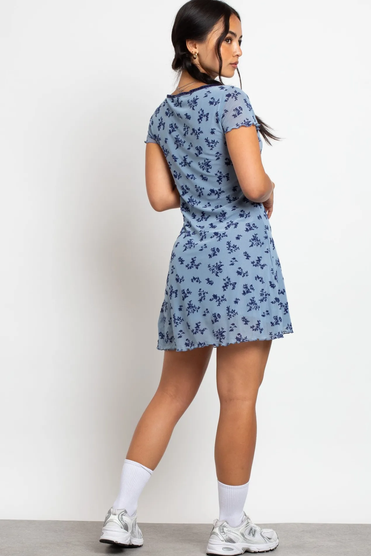 Women Daisy Street Dresses-Devore Mesh Mini Dress With Velvet Ribbon Trim