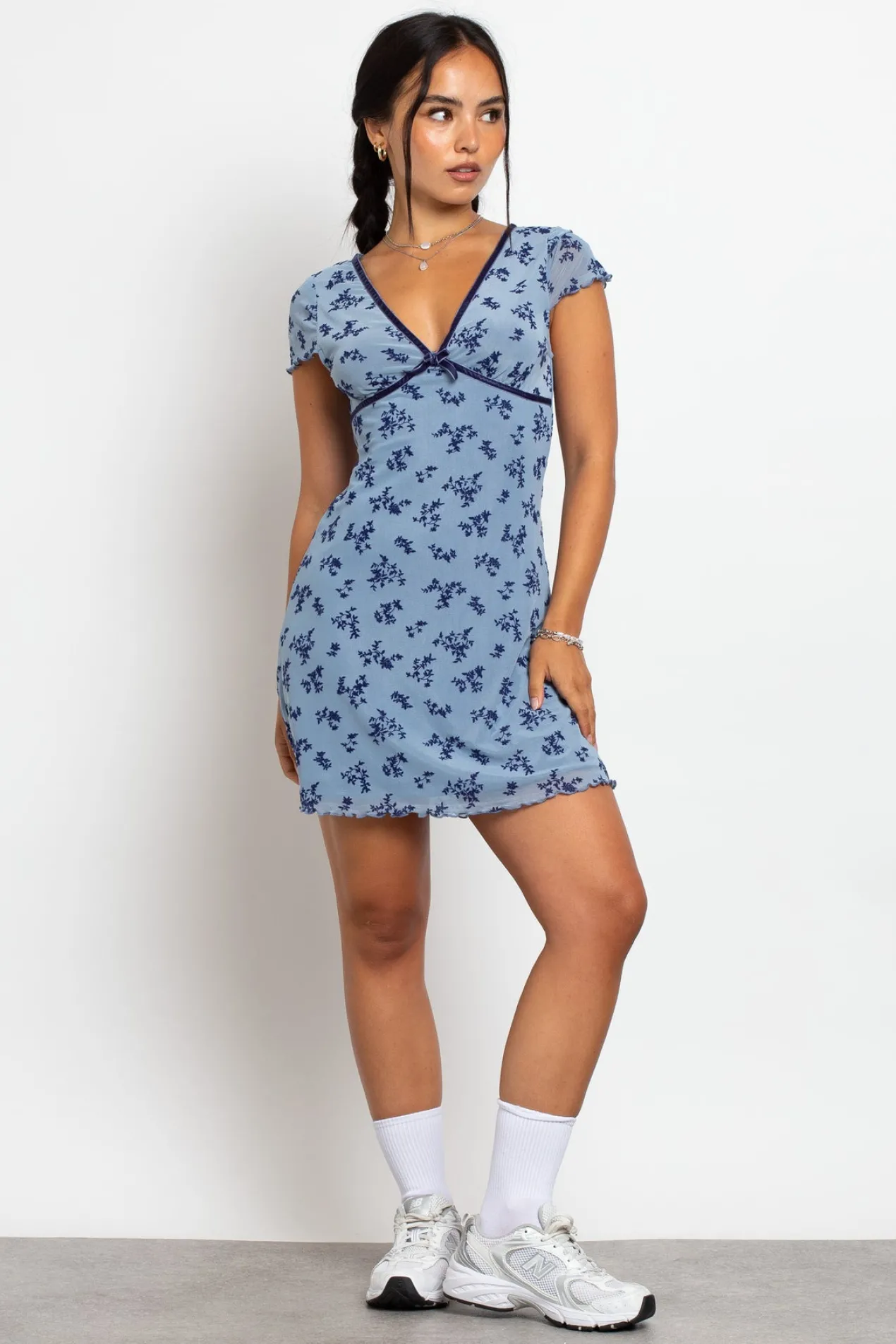 Women Daisy Street Dresses-Devore Mesh Mini Dress With Velvet Ribbon Trim