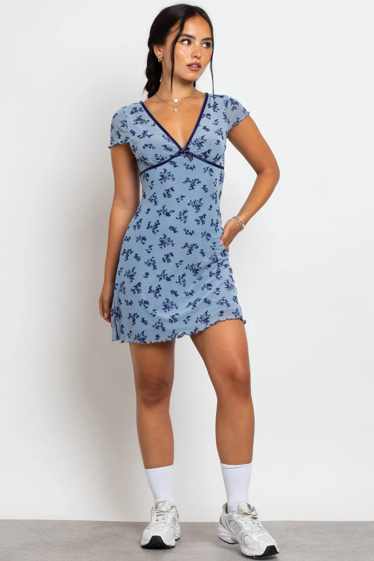 Women Daisy Street Dresses-Devore Mesh Mini Dress With Velvet Ribbon Trim