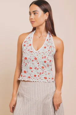 Women Daisy Street Tops-Ditsy Jersey Halter Neck Top
