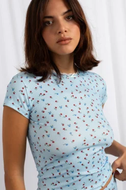 Women Daisy Street Tops-Ditsy Ribbed Jersey Baby Tee With Lace Trim