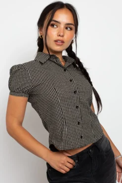 Women Daisy Street Tops-Fitted Check Shirt With Puff Sleeve