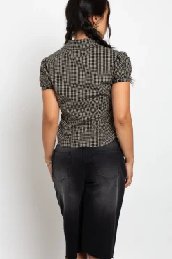 Women Daisy Street Tops-Fitted Check Shirt With Puff Sleeve
