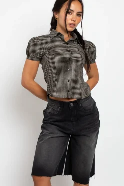 Women Daisy Street Tops-Fitted Check Shirt With Puff Sleeve