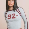 Women Daisy Street Tops-Fitted Raglan Top with Stripe Binding and 1992 Print