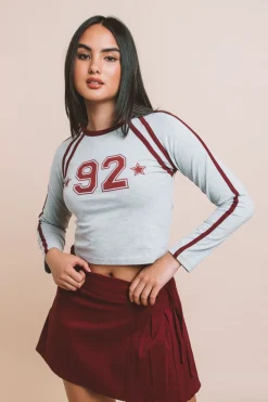 Women Daisy Street Tops-Fitted Raglan Top with Stripe Binding and 1992 Print