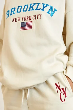 Women Daisy Street Hoodies & Sweatshirts-Fleece Back Sweater With Brooklyn Embroidery