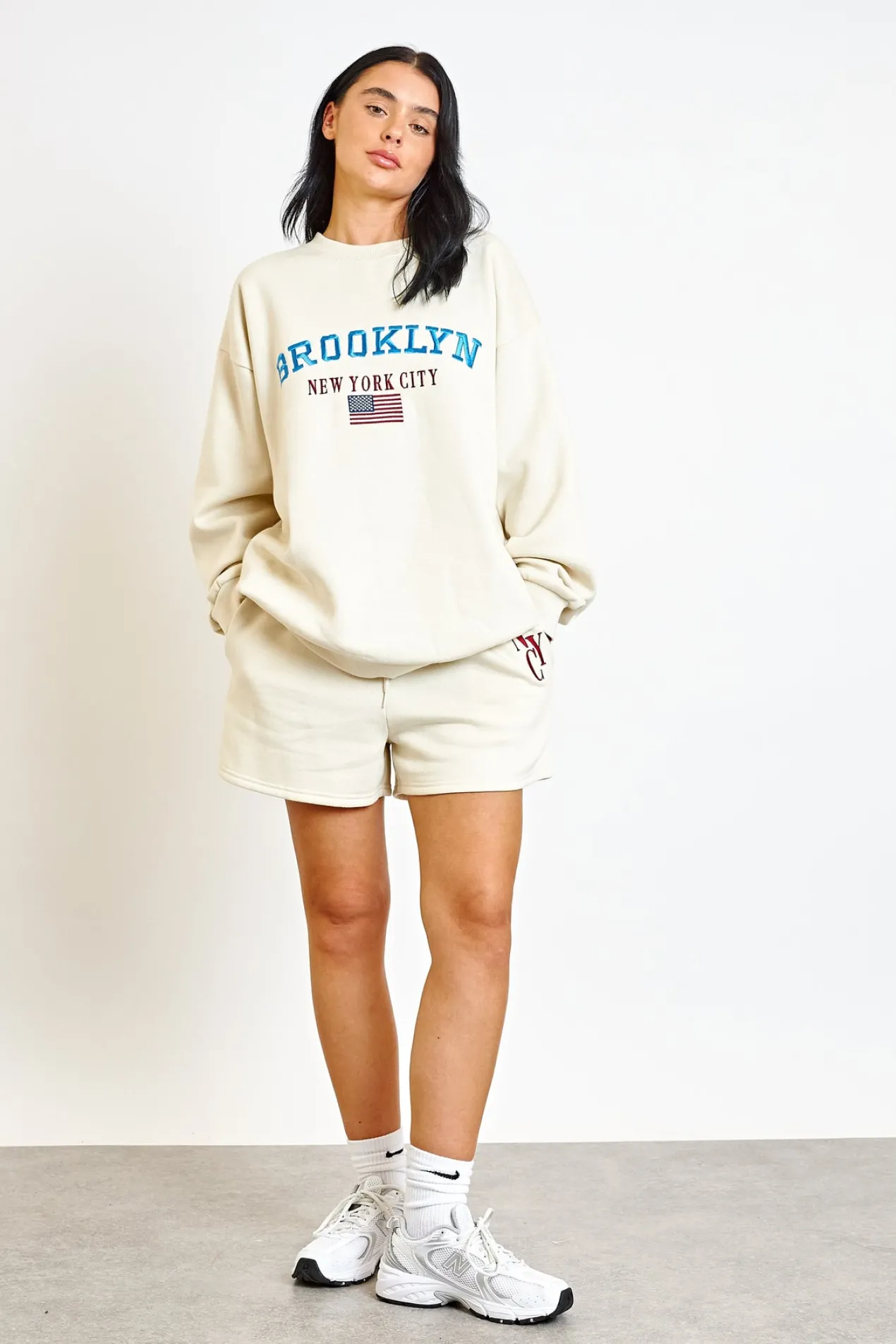 Women Daisy Street Hoodies & Sweatshirts-Fleece Back Sweater With Brooklyn Embroidery