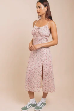 Women Daisy Street Dresses-Floral Midi Dress With Split And Cross Back