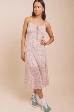 Women Daisy Street Dresses-Floral Midi Dress With Split And Cross Back