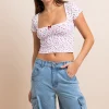 Women Daisy Street Tops-Floral Ruched Baby Tee