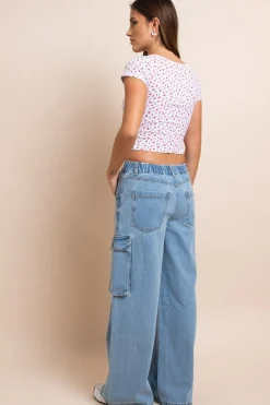 Women Daisy Street Tops-Floral Ruched Baby Tee