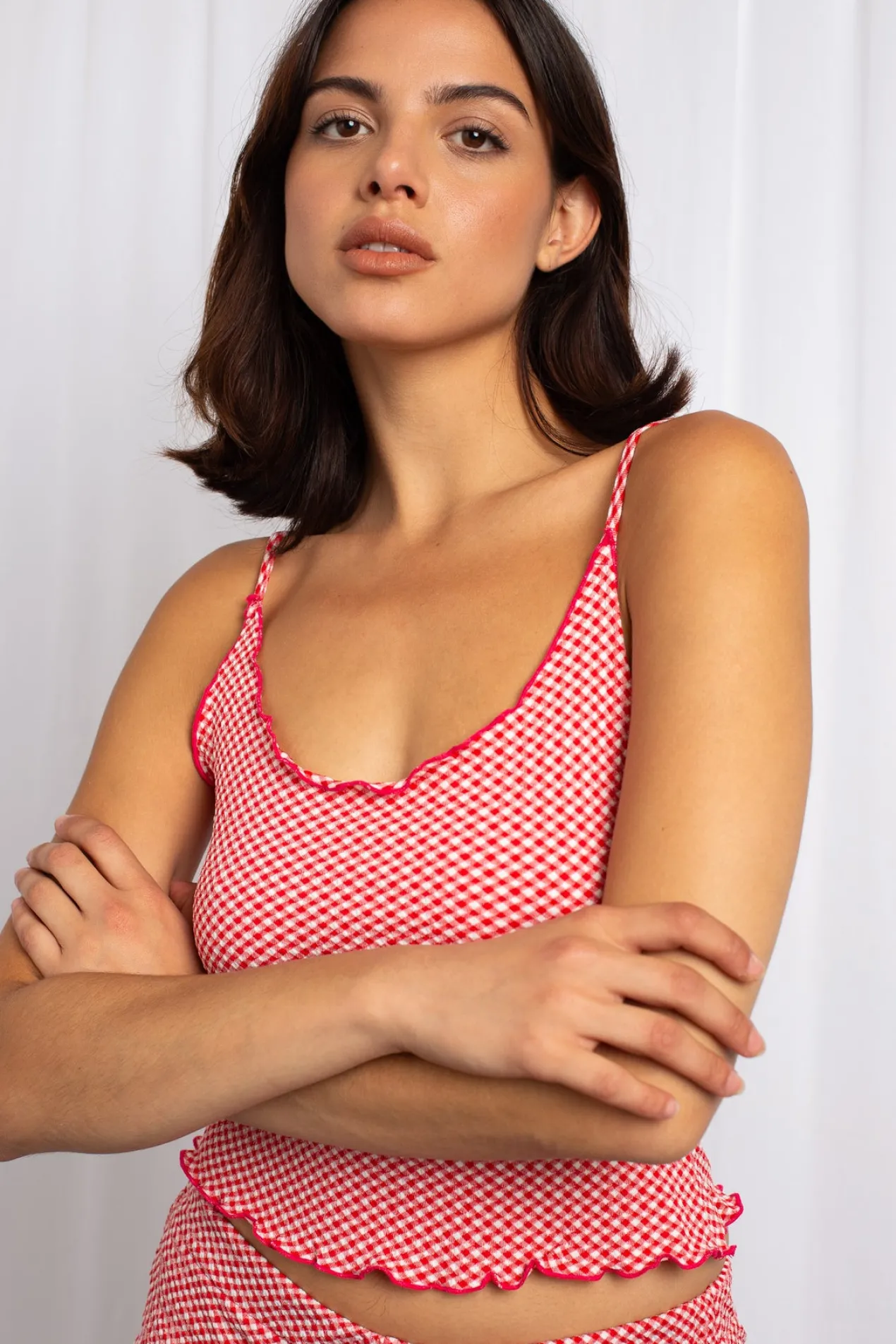 Women Daisy Street Tops-Gingham Babylock Edge Cami Top