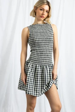 Women Daisy Street Dresses-Gingham Boat Neck Mini Dress