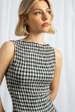 Women Daisy Street Dresses-Gingham Boat Neck Mini Dress