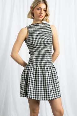Women Daisy Street Dresses-Gingham Boat Neck Mini Dress