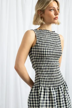 Women Daisy Street Dresses-Gingham Boat Neck Mini Dress