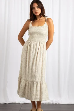 Women Daisy Street Dresses-Gingham Midi Dress With Shirred Bodice