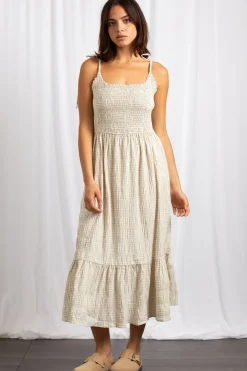 Women Daisy Street Dresses-Gingham Midi Dress With Shirred Bodice