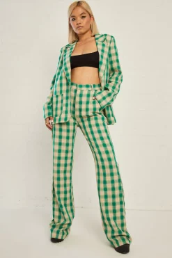 Women Daisy Street Trousers-High Waisted Flared Trousers in Check Print