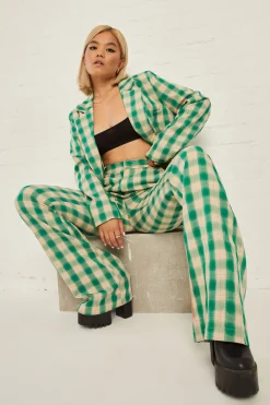Women Daisy Street Trousers-High Waisted Flared Trousers in Check Print