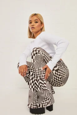 Women Daisy Street Trousers-High Waisted Flared Trousers In Velvet Print