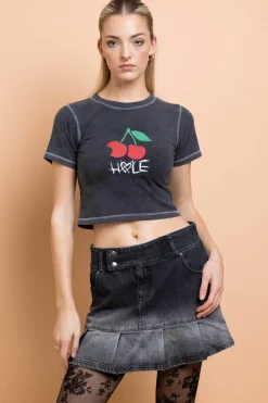 Women Daisy Street Tops | T-Shirts-Hole Cherry Washed Baby Tee With Contrast Stitch