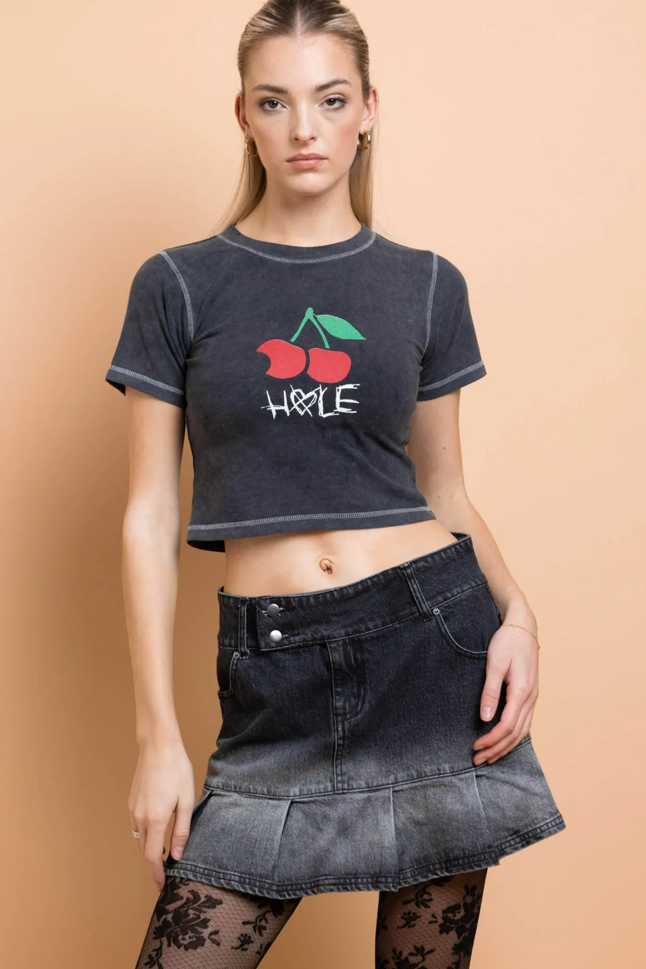 Women Daisy Street Tops | T-Shirts-Hole Cherry Washed Baby Tee With Contrast Stitch