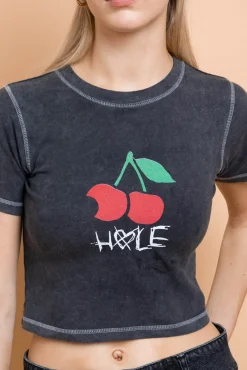 Women Daisy Street Tops | T-Shirts-Hole Cherry Washed Baby Tee With Contrast Stitch